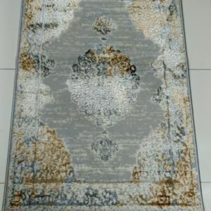 2×3 ft Turkish 3D Shiny VIP Rug – Silver Grey with Gold & White Classic Pattern