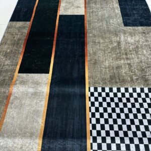 Gridline Noir – 5x7 ft Modern Abstract China Rug in Black, Taupe & Ivory | 6mm Polypropylene Carpet