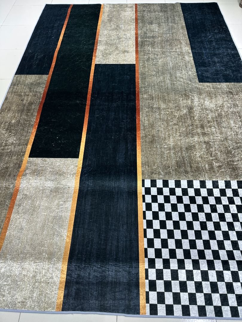 Gridline Noir – 5x7 ft Modern Abstract China Rug in Black, Taupe & Ivory | 6mm Polypropylene Carpet