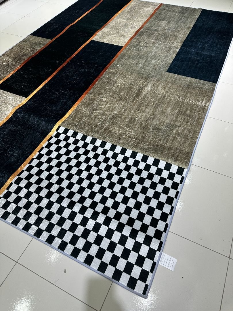 Gridline Noir – 5x7 ft Modern Abstract China Rug in Black, Taupe & Ivory | 6mm Polypropylene Carpet - Image 2