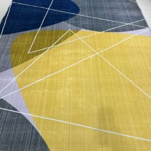 Linear Haven – 6×9 ft Modern Geometric China Carpet in Mustard, Grey & Blue | 8mm Polypropylene Rug (Soft Matte Finish)