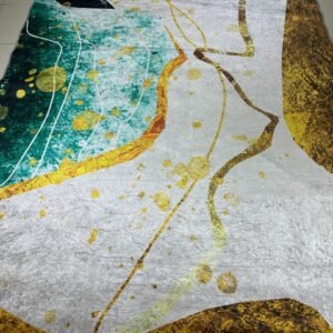 Gilded Current – 6×9 ft, 6mm, Modern Abstract China Rug in Grey, Teal & Gold | 6mm Lightweight Polypropylene Carpet (Glossy Finish)
