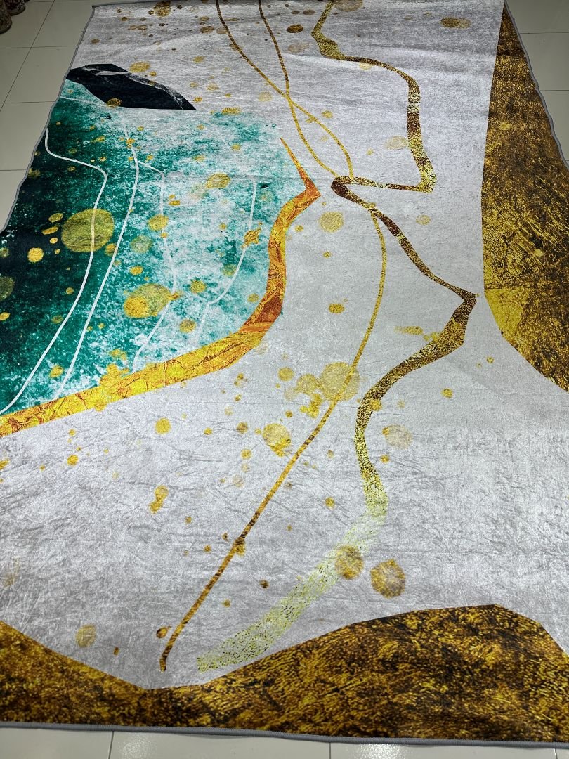 Gilded Current – 6×9 ft, 6mm, Modern Abstract China Rug in Grey, Teal & Gold | 6mm Lightweight Polypropylene Carpet (Glossy Finish)