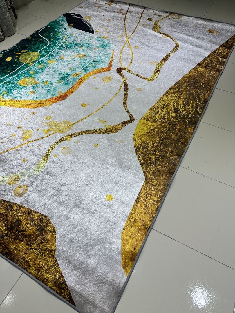 Gilded Current – 6×9 ft, 6mm, Modern Abstract China Rug in Grey, Teal & Gold | 6mm Lightweight Polypropylene Carpet (Glossy Finish) - Image 2