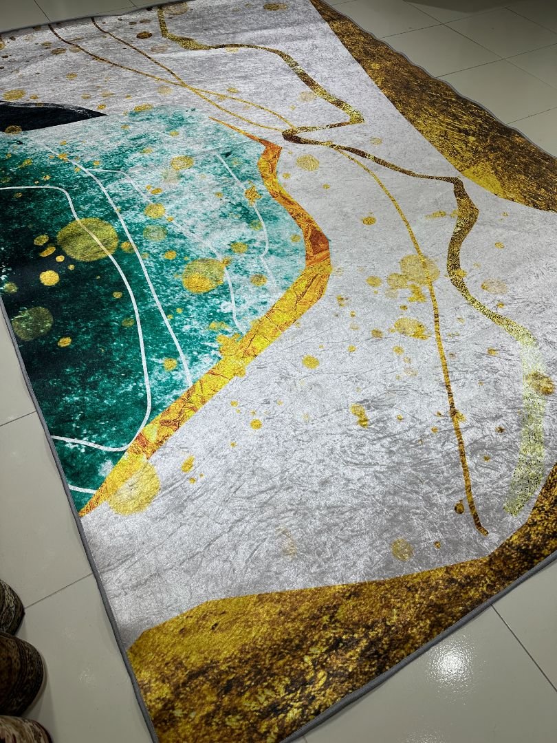 Gilded Current – 6×9 ft, 6mm, Modern Abstract China Rug in Grey, Teal & Gold | 6mm Lightweight Polypropylene Carpet (Glossy Finish) - Image 3