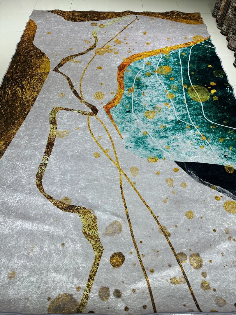 Gilded Current – 6×9 ft, 6mm, Modern Abstract China Rug in Grey, Teal & Gold | 6mm Lightweight Polypropylene Carpet (Glossy Finish) - Image 4