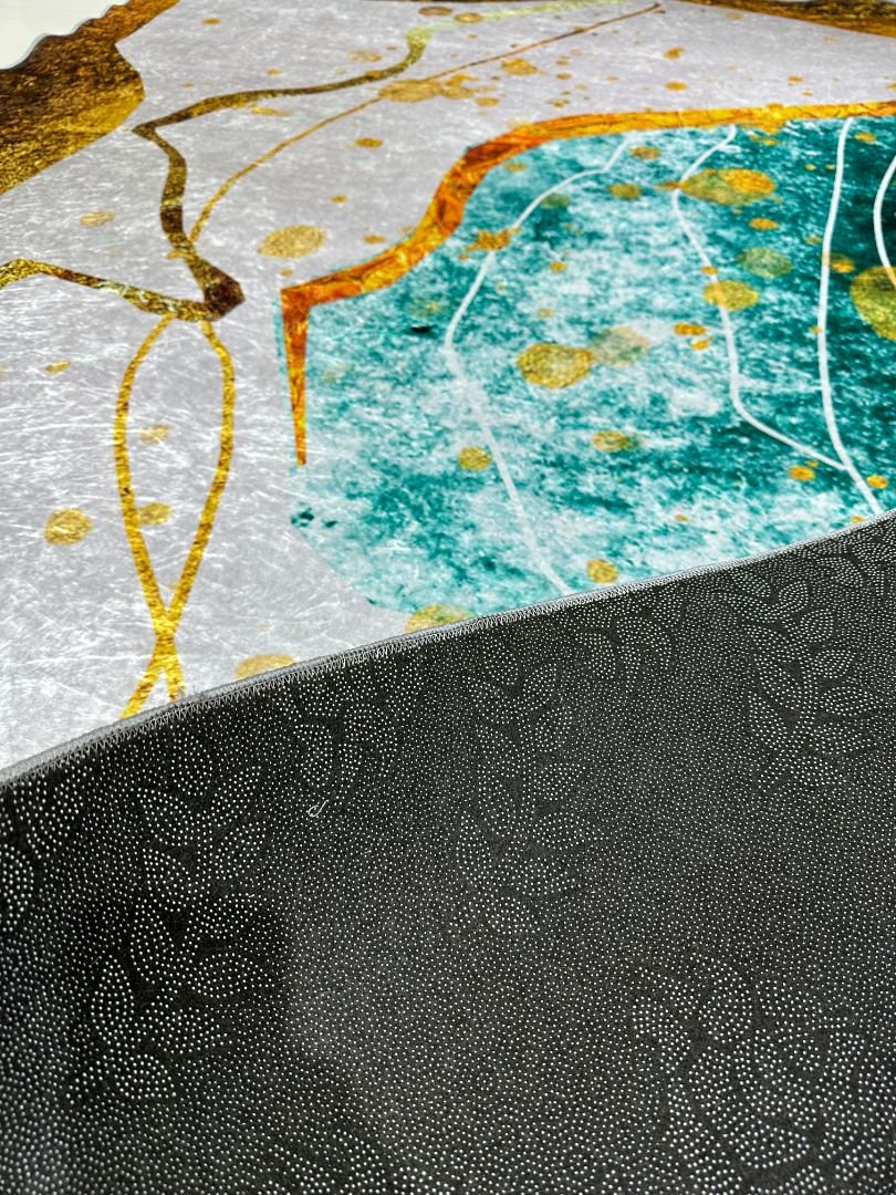 Gilded Current – 6×9 ft, 6mm, Modern Abstract China Rug in Grey, Teal & Gold | 6mm Lightweight Polypropylene Carpet (Glossy Finish) - Image 5
