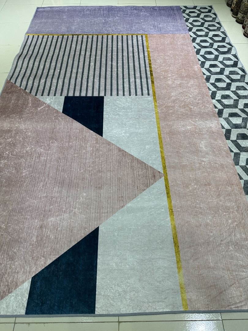 Velour Geometry – 6×9 ft Modern Abstract China Rug in Blush, Grey & Charcoal | 6mm Polypropylene Carpet with Anti-Slip Backing
