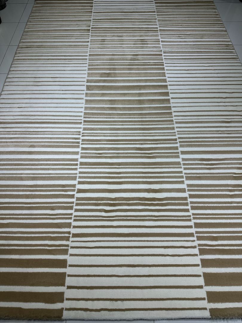 Ivory Linear Crest | 6.5 × 9.5 ft Premium Turkish Rug | Modern Striped Design | 12mm+ Heavyweight Luxury