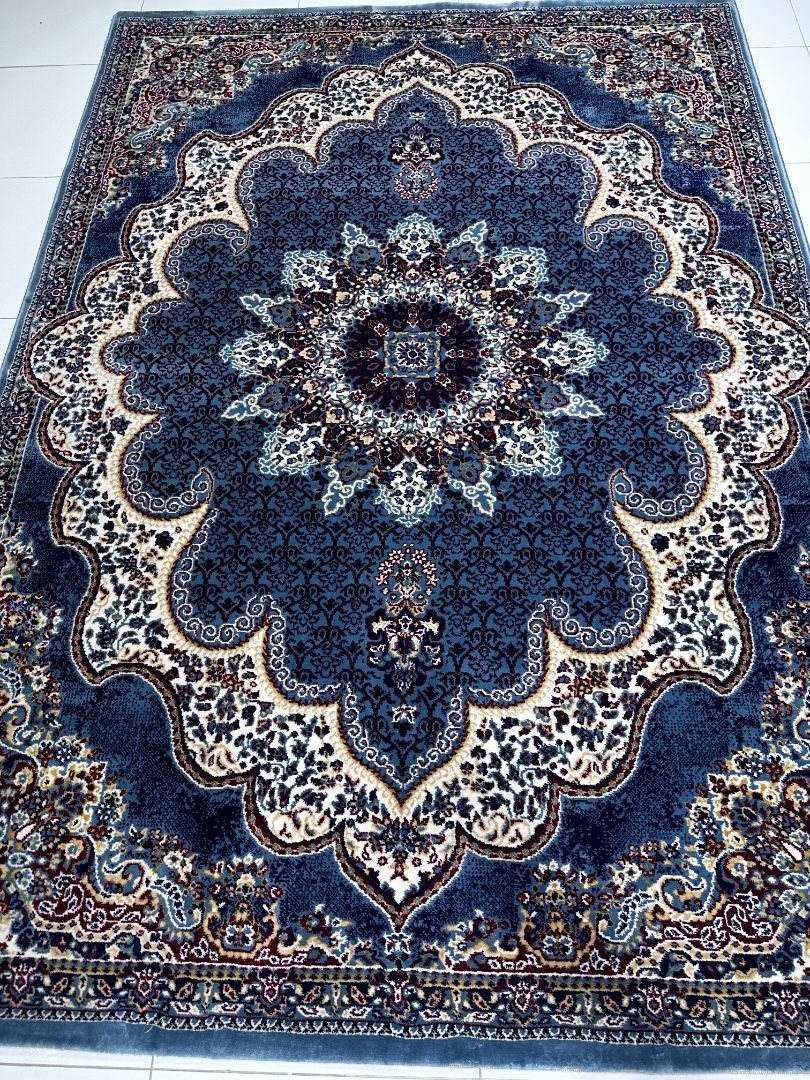 MEHRAN Royal Medallion Heavyweight Rug – 5 × 7 ft Turkish-Inspired Blue Premium Carpet (15mm+ Polyester)