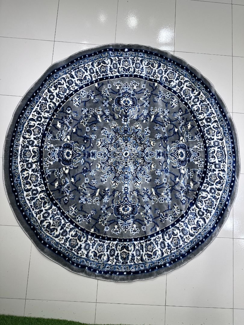 SILK TOUCH Classic Grey Round Turkish Rug – 5 × 5 ft Heavyweight Medallion Carpet