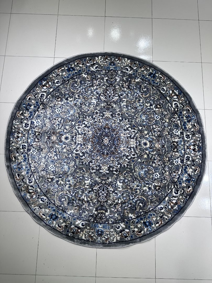 CIRENZO Classic Grey Round Turkish Rug – 5 × 5 ft Silk Touch Heavyweight Medallion Carpet