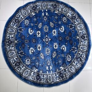 CIRVANO Classic Blue Round Turkish Rug – 5 × 5 ft Silk Touch Heavyweight Floral Carpet