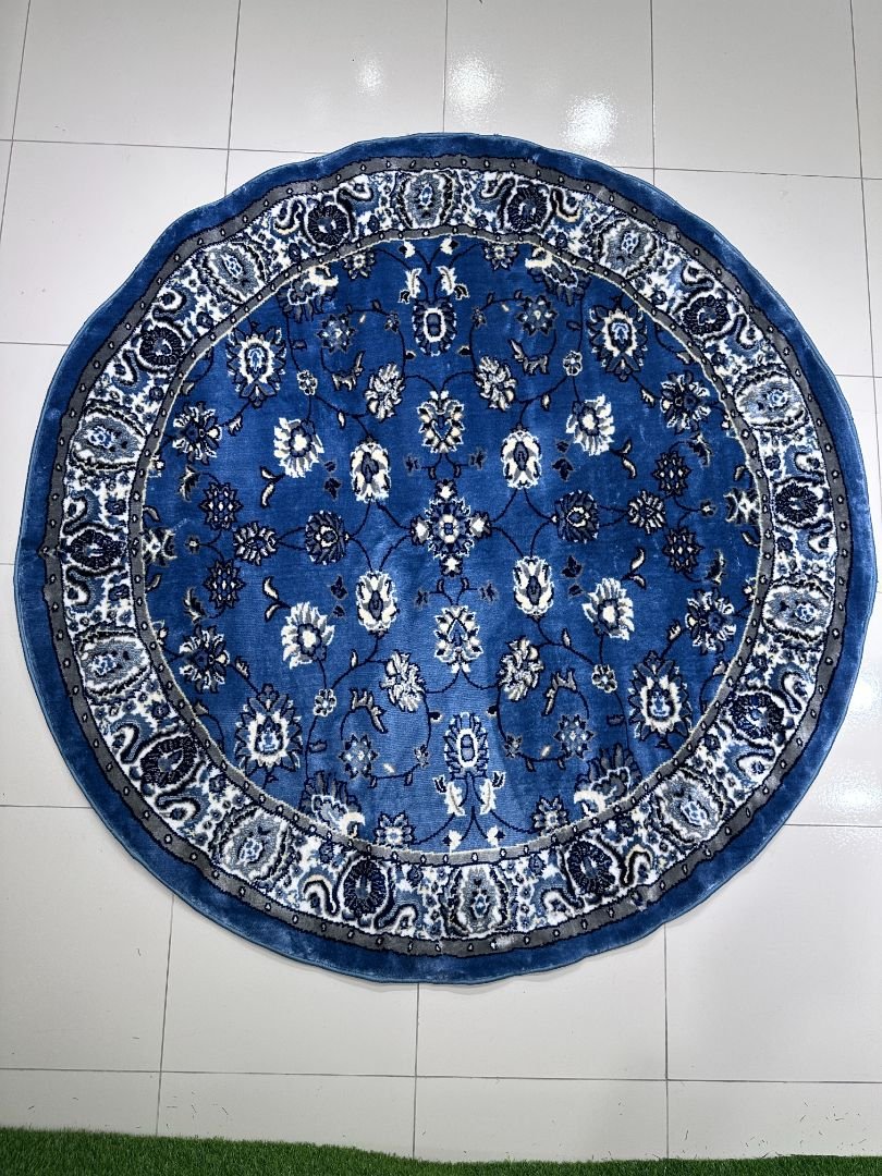 CIRVANO Classic Blue Round Turkish Rug – 5 × 5 ft Silk Touch Heavyweight Floral Carpet