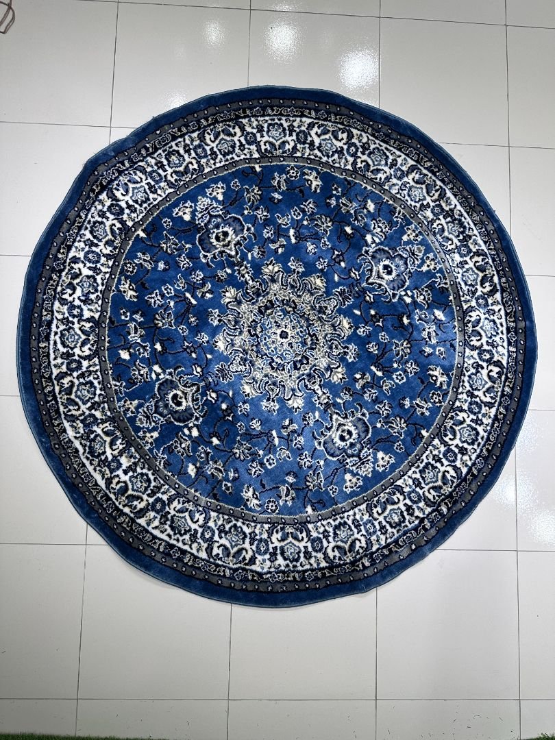 CIRAVIO Royal Blue Round Turkish Rug – 5 × 5 ft Silk Touch Heavyweight Floral Medallion Carpet