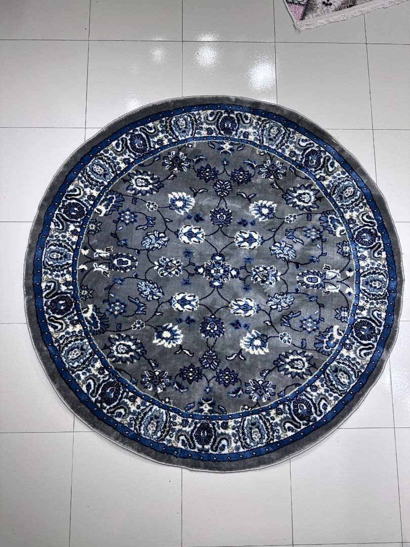 CIREVA Soft Grey Round Turkish Rug – 5 × 5 ft Silk Touch Heavyweight Floral Carpet