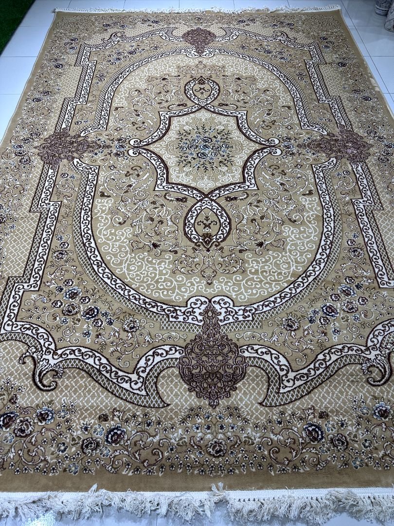 KASHMIR Heritage Medallion Turkish Heavyweight Rug – 6.5 × 9.5 ft Beige Classic Carpet with Fringe Tassels