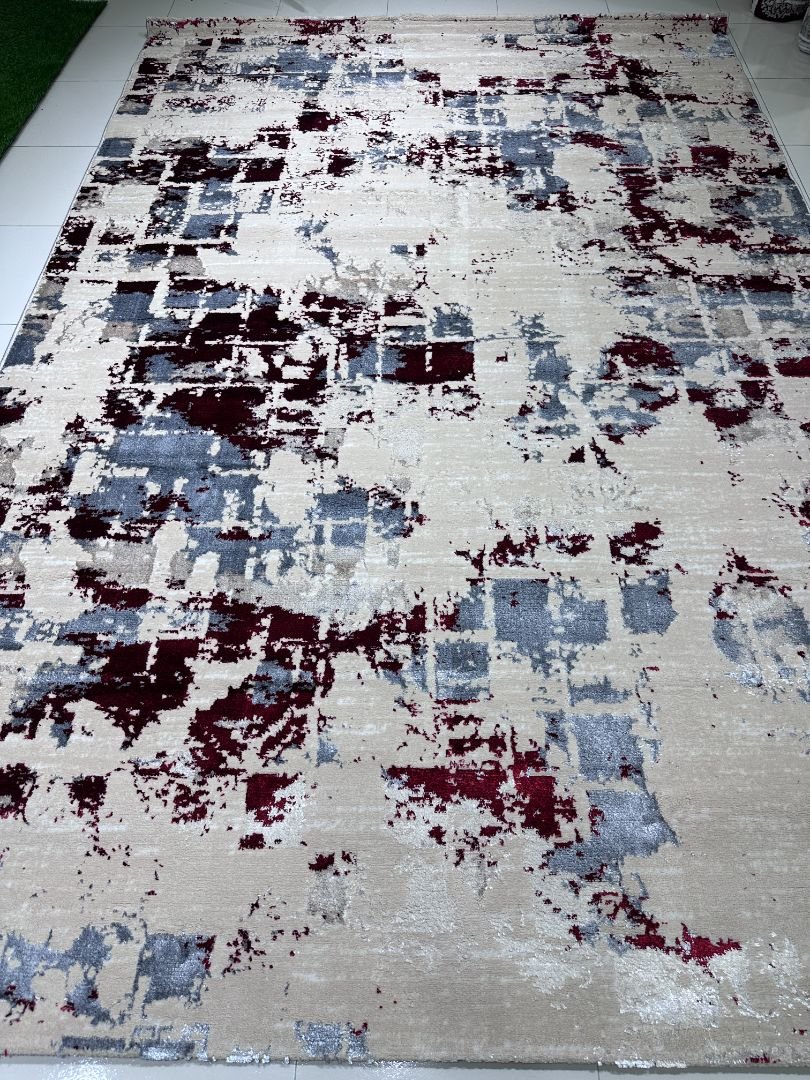 LUMORA Shiny Abstract Turkish Rug – 6.5 × 9.5 ft Modern Beige Carpet with Red & Grey Accents