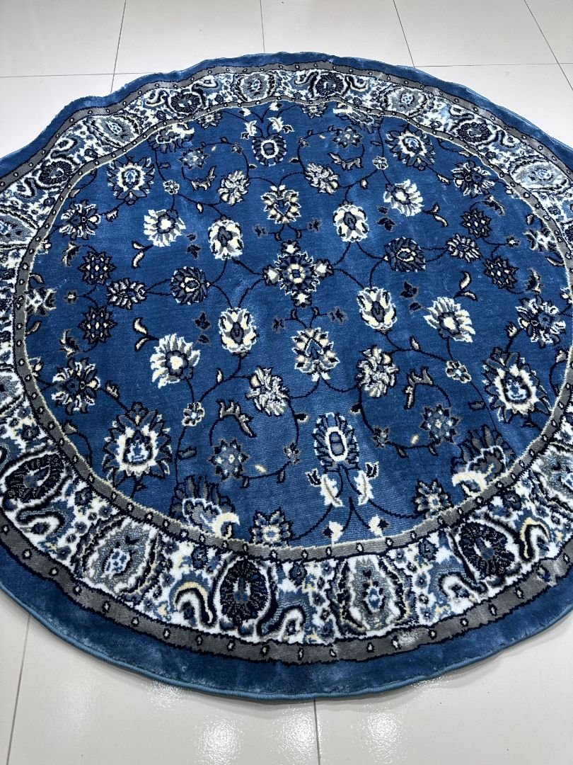 CIRVANO Classic Blue Round Turkish Rug – 5 × 5 ft Silk Touch Heavyweight Floral Carpet - Image 2