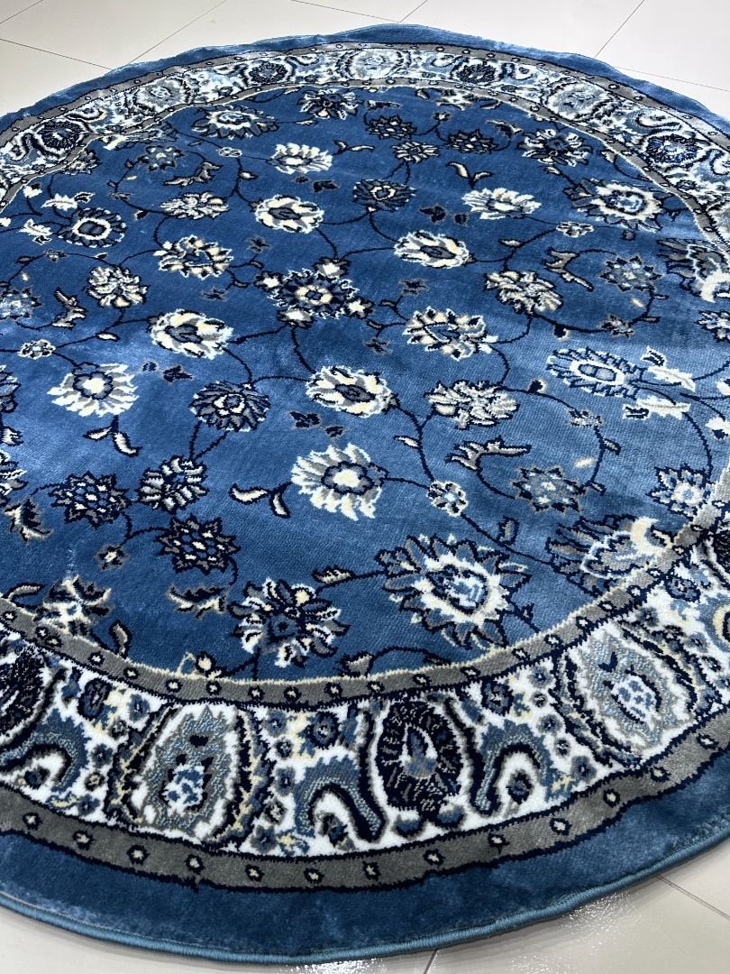 CIRVANO Classic Blue Round Turkish Rug – 5 × 5 ft Silk Touch Heavyweight Floral Carpet - Image 3