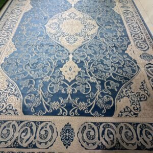 Azure Ottoman Elegance – Premium Turkish Living Room Carpet 9×12 ft | Heavy 15mm Soft Luxury Rug | Classic Medallion Drawing Room Carpet