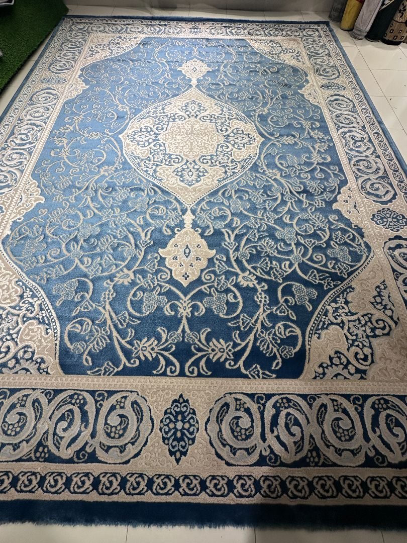 Azure Ottoman Elegance – Premium Turkish Living Room Carpet 9×12 ft | Heavy 15mm Soft Luxury Rug | Classic Medallion Drawing Room Carpet