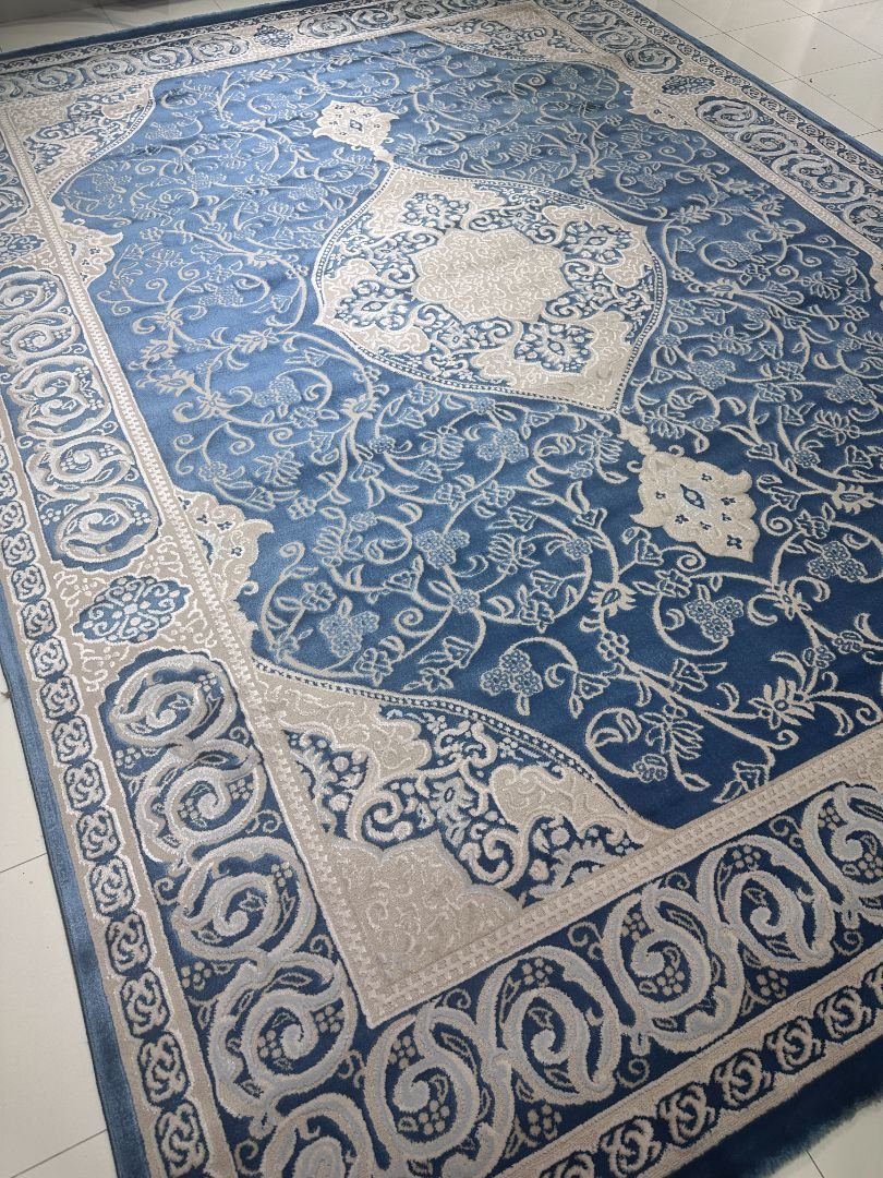 Azure Ottoman Elegance – Premium Turkish Living Room Carpet 9×12 ft | Heavy 15mm Soft Luxury Rug | Classic Medallion Drawing Room Carpet - Image 3