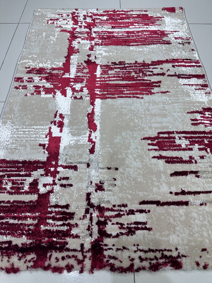 Crimson Cascade – Premium Turkish Living Room Carpet 2×3 ft | Dual View Shiny Modern Abstract Rug | Soft 12mm Thick Luxury Carpet for Bedroom & Sofa Area