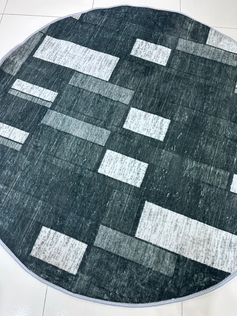 Urban Slate Grid – Modern Round Carpet 4×4 ft | Soft Polypropylene Rug | Contemporary Living Room & Bedroom Accent Carpet