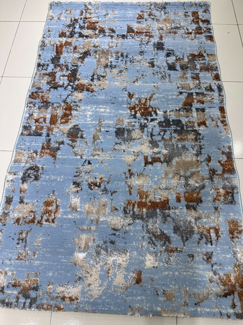 Sky Rust Nebula – Premium Turkish 3D Shiny Living Room Carpet 3 × 5 ft | Light Blue Abstract Luxury Rug | Soft Designer Carpet for Bedroom & Sofa Area