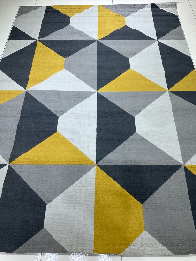 Capri Prism Geometry – Premium Turkish Modern Carpet 5.2 × 7.2 ft | Grey Yellow Geometric Designer Rug | Contemporary Living Room Carpet