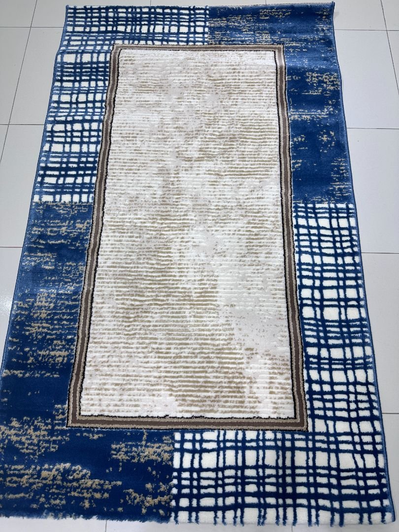 Azure Frame Mosaic – Premium Turkish Modern Carpet 3 × 5 ft | Blue Ivory Designer Rug | Soft Luxury Accent Carpet for Living Room & Bedroom