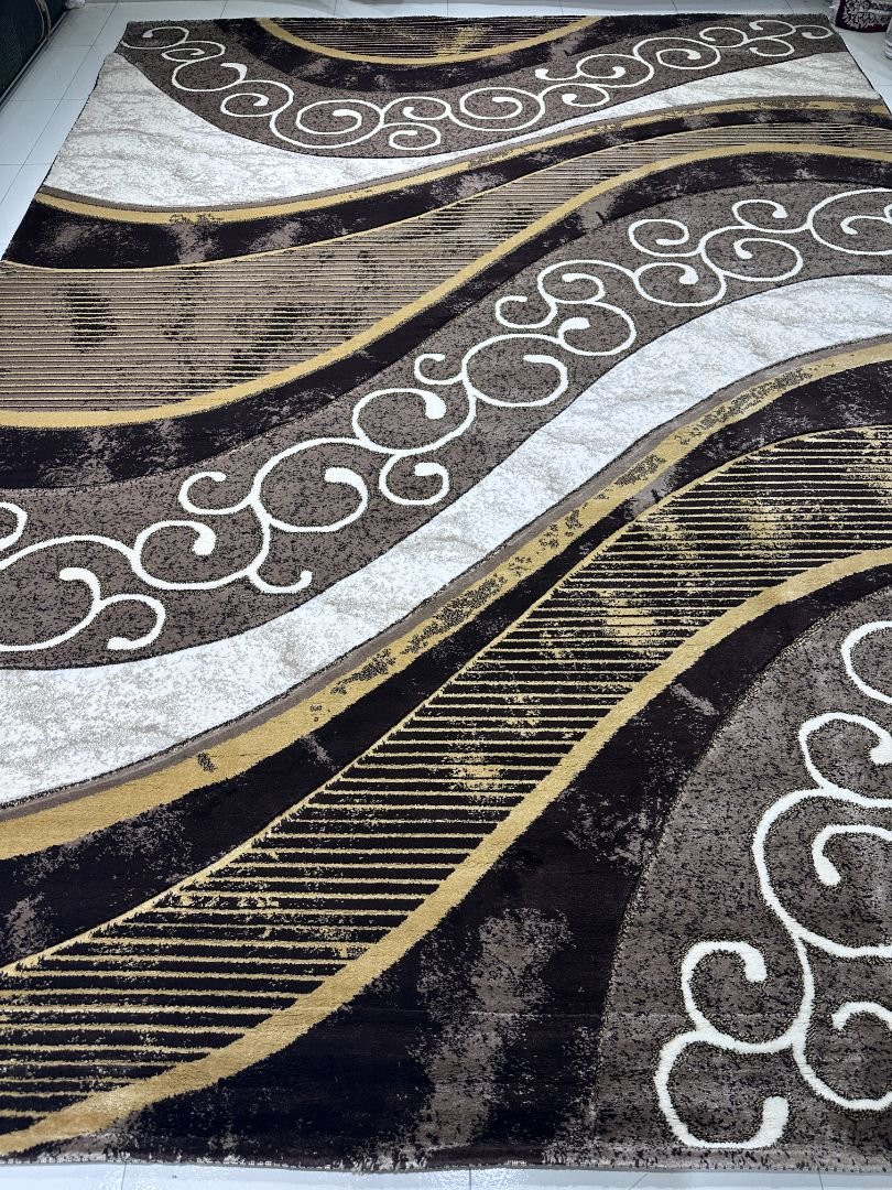 Topkapi Modern Wave Luxury Carpet 8 × 11 ft – Turkish Premium Heavy Rug | Elegant Brown & Gold Abstract Design
