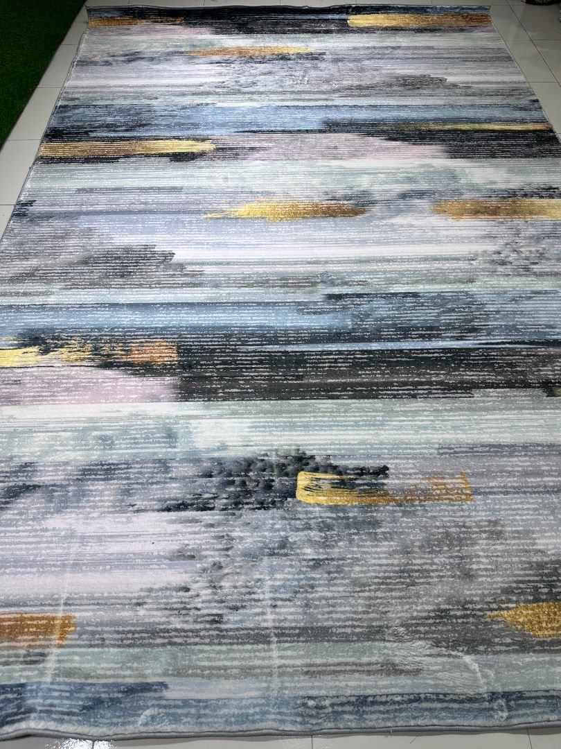 Modern Abstract Luxury Carpet – Soft Plush Grey & Gold Designer Rug (6.6 × 9.8 ft) | Premium Comfort | Contemporary Living Room Carpet