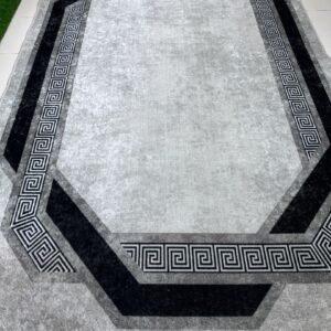 Modern Greek Key Turkish Carpet – Grey Minimalist Luxury Rug (6.2 × 9.8 ft) | Polypropylene | Latex Backing | Contemporary Living Room Carpet