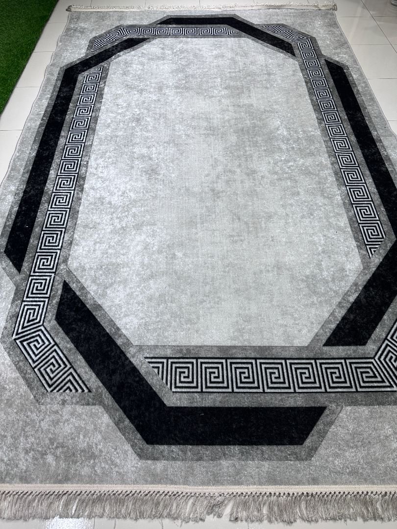 Modern Greek Key Turkish Carpet – Grey Minimalist Luxury Rug (6.2 × 9.8 ft) | Polypropylene | Latex Backing | Contemporary Living Room Carpet
