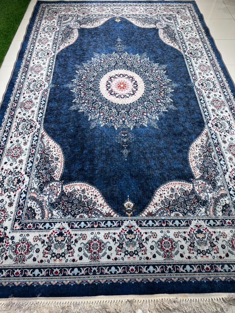 Turkish Persian Medallion Carpet – Navy Blue Classic Luxury Rug (6.2 × 9.8 ft) | Polypropylene | Latex Backing | Elegant Living Room Carpet