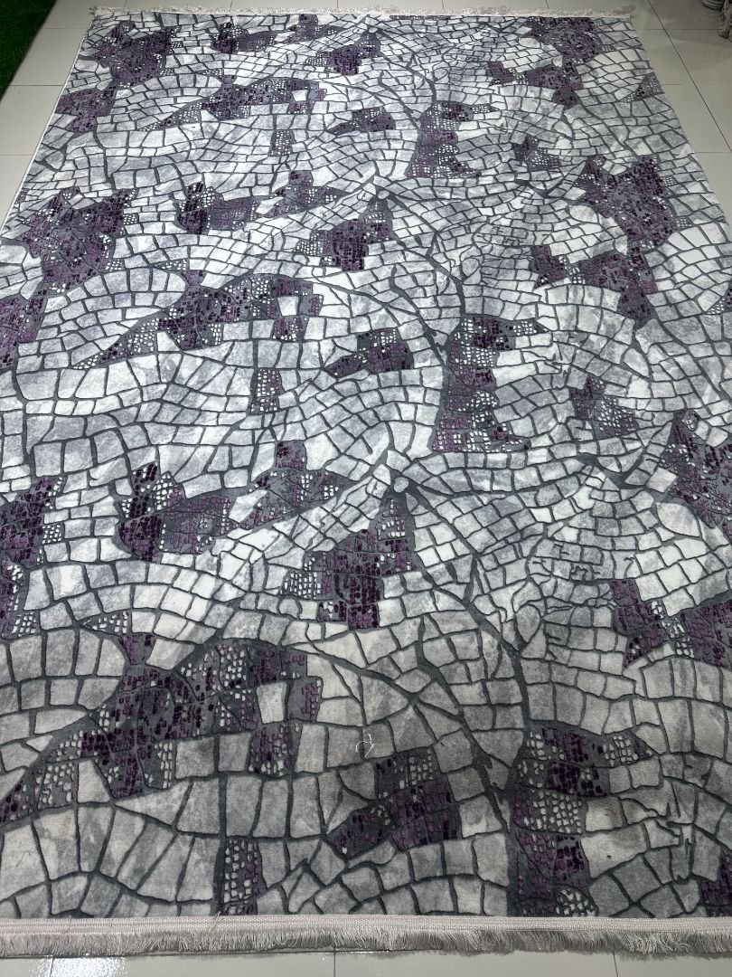 Modern Mosaic Abstract Carpet – Grey & Purple Designer Rug (6.5 × 9.5 ft) | Lightweight Polypropylene | Anti-Slip Backing | Contemporary Living Room Carpet
