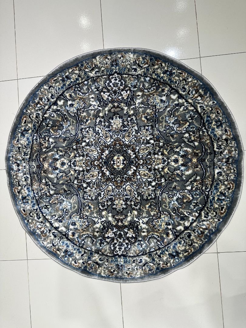 CIRENZA Vintage Grey Round Turkish Rug – 3.3 × 3.3 ft Silk Touch Heavyweight Medallion Carpet