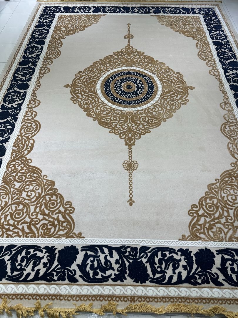 Royal Cream & Navy Luxury Carpet – 9.5×13 ft | Premium Turkish Style Elegant Rug | Classic Statement Carpet for Living Room