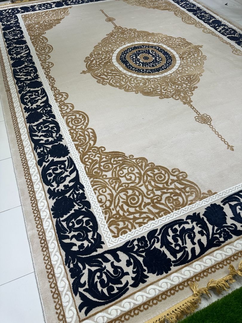 Royal Cream & Navy Luxury Carpet – 9.5×13 ft | Premium Turkish Style Elegant Rug | Classic Statement Carpet for Living Room - Image 2
