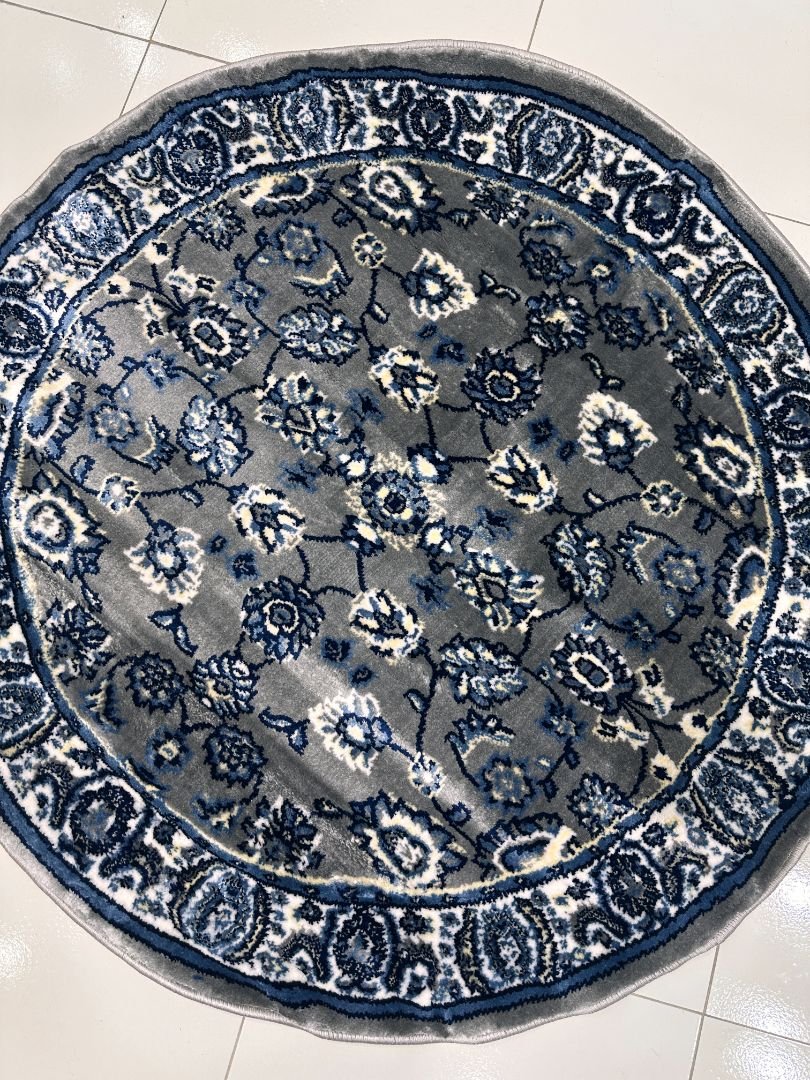 Nizam Grey Floral Silk-Touch Round Turkish Rug – 3×3 ft