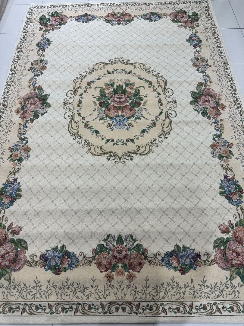 Ivory Rose Lattice Irani-Style Cotton Rug – Approx. 5×7 ft | China - Image 2
