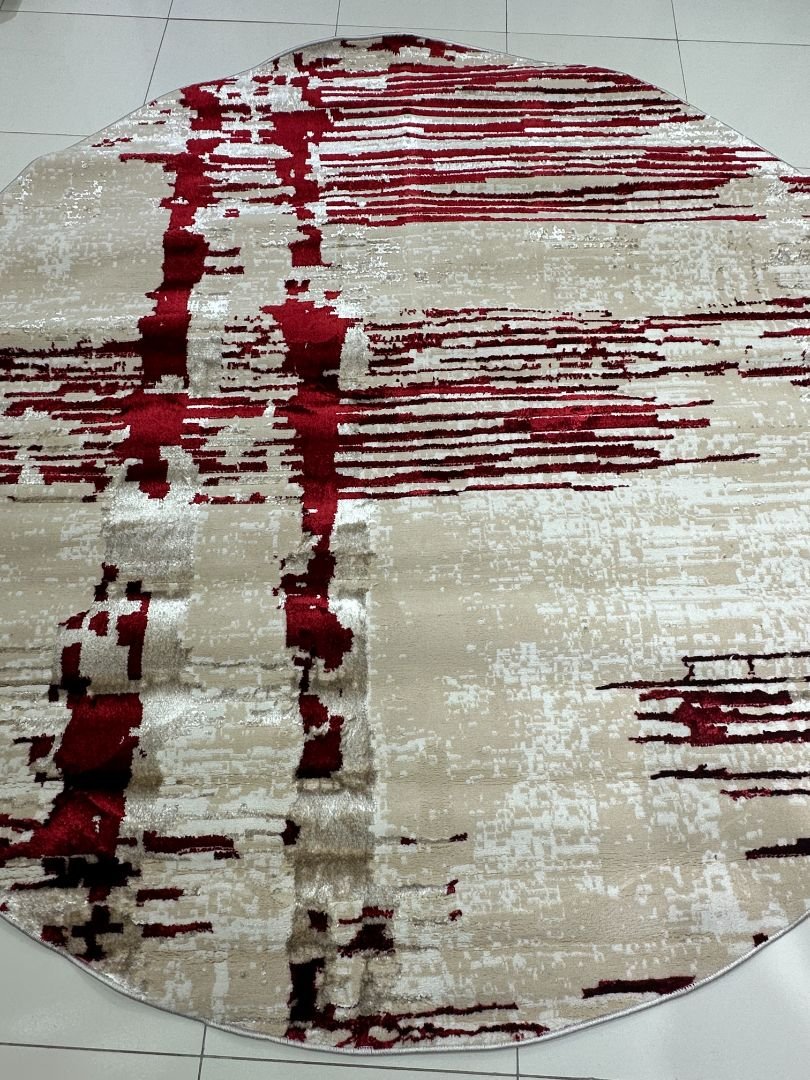Crimson Matrix Premium Turkish 3D Shiny Round Rug – Beige & Red, 200 × 200 cm (6.5 × 6.5 ft)