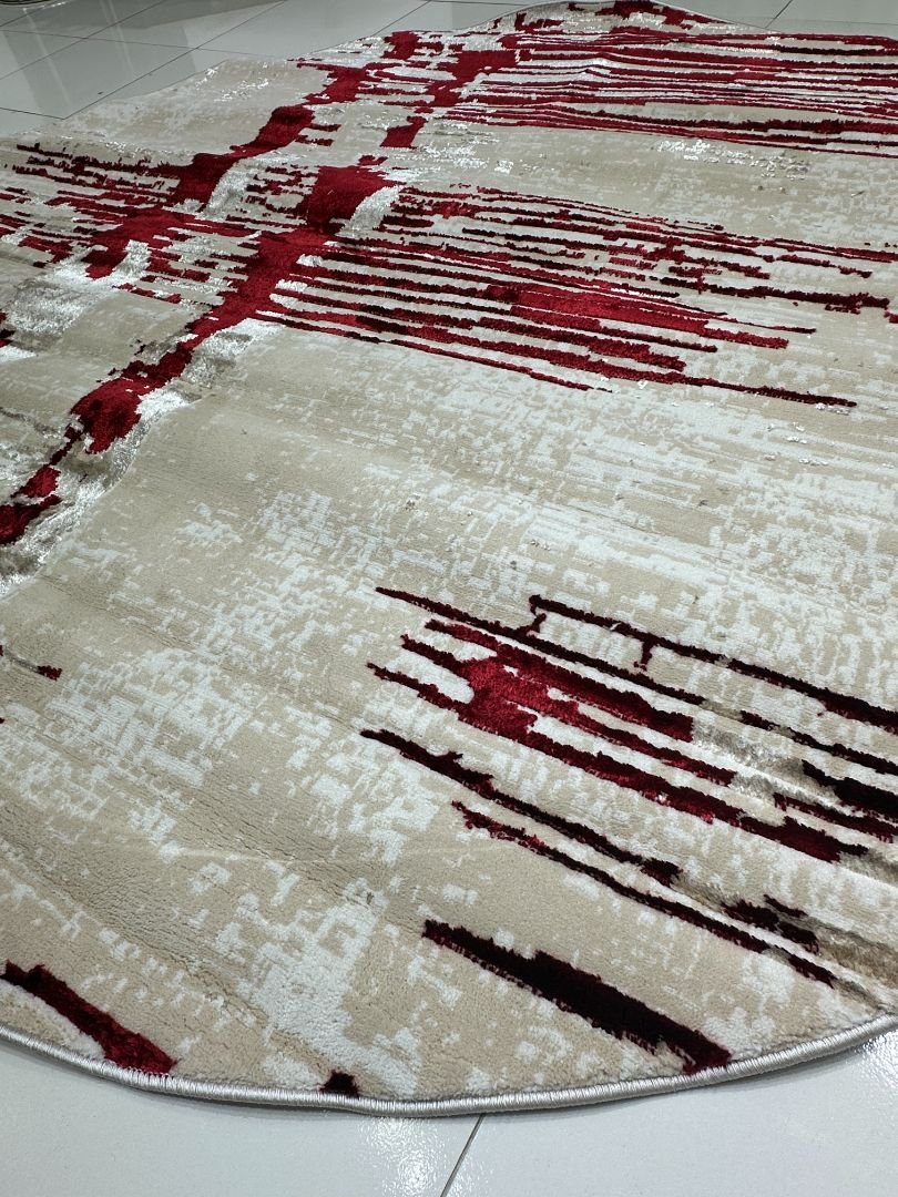 Crimson Matrix Premium Turkish 3D Shiny Round Rug – Beige & Red, 200 × 200 cm (6.5 × 6.5 ft) - Image 2