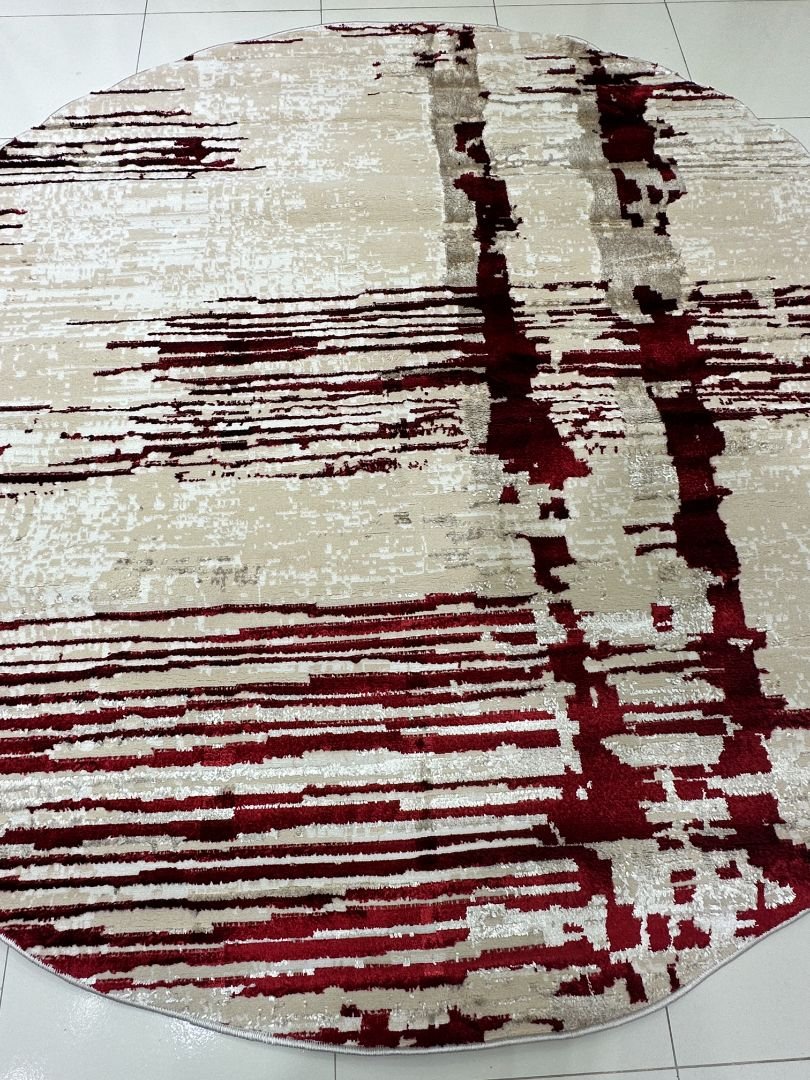 Crimson Matrix Premium Turkish 3D Shiny Round Rug – Beige & Red, 200 × 200 cm (6.5 × 6.5 ft) - Image 3