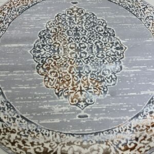 Silver Ottoman Halo Premium Turkish 3D Shiny Medallion Round Rug – Grey & Ivory, 200 × 200 cm (6.5 × 6.5 ft)