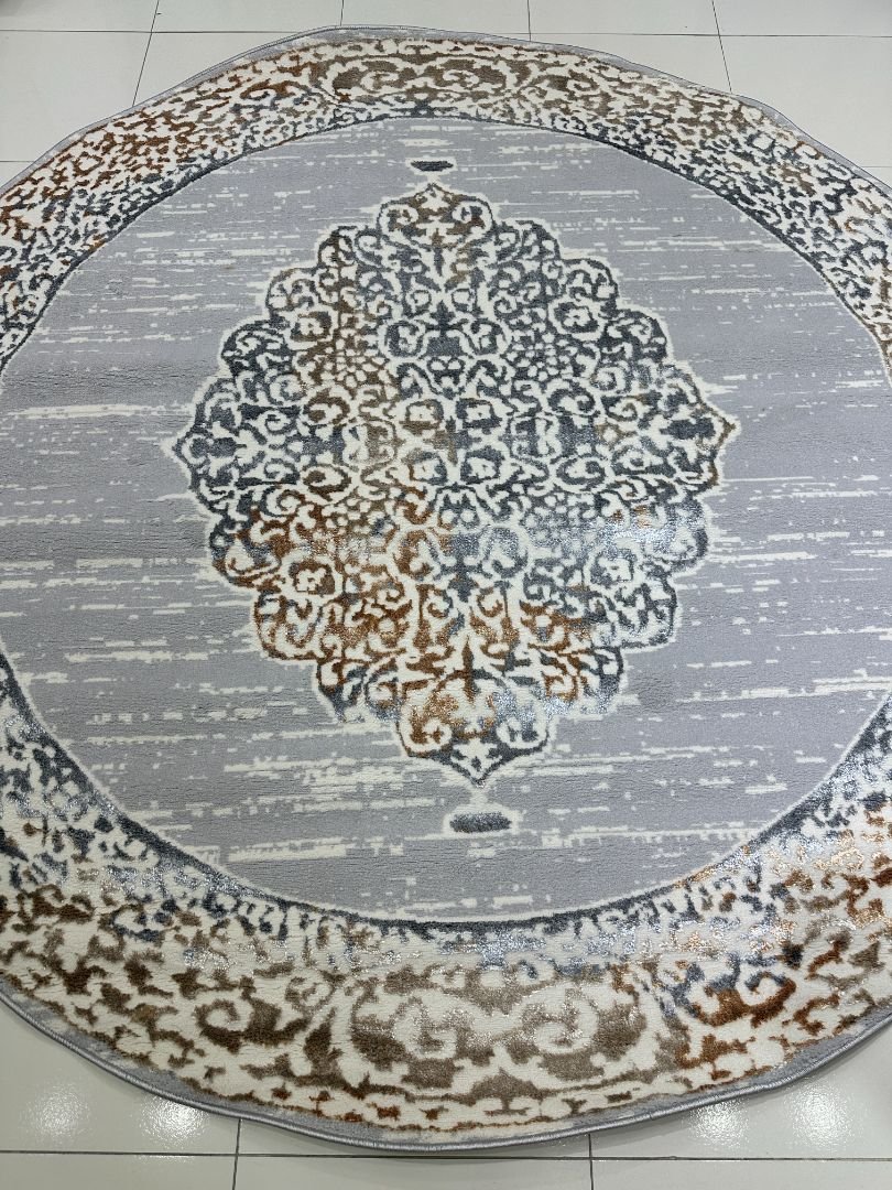 Silver Ottoman Halo Premium Turkish 3D Shiny Medallion Round Rug – Grey & Ivory, 200 × 200 cm (6.5 × 6.5 ft)