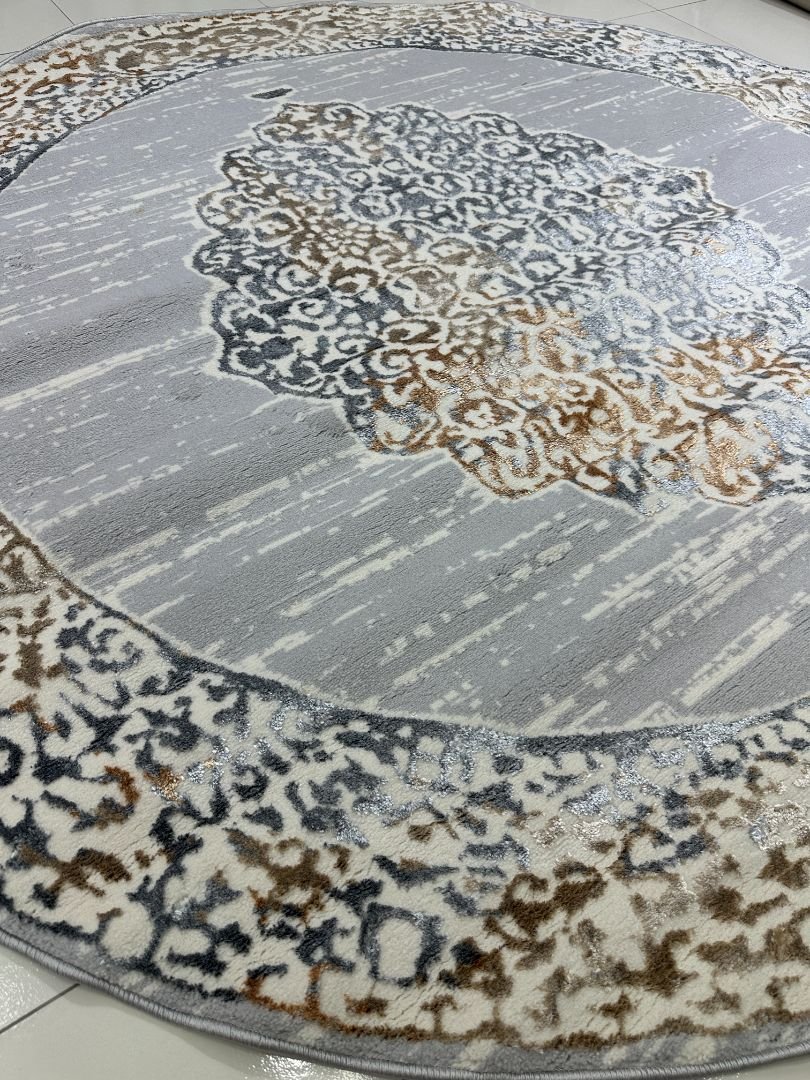 Silver Ottoman Halo Premium Turkish 3D Shiny Medallion Round Rug – Grey & Ivory, 200 × 200 cm (6.5 × 6.5 ft) - Image 2