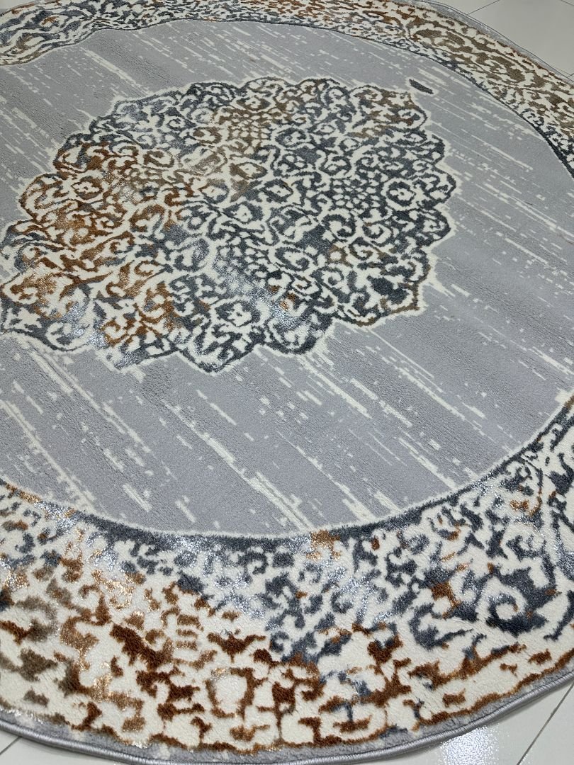Silver Ottoman Halo Premium Turkish 3D Shiny Medallion Round Rug – Grey & Ivory, 200 × 200 cm (6.5 × 6.5 ft) - Image 3